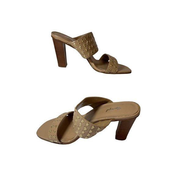 Spiegel Tan Gold Dual Strap Heeled Mules Size 8B Faux Leather ECU - Picture 2 of 6